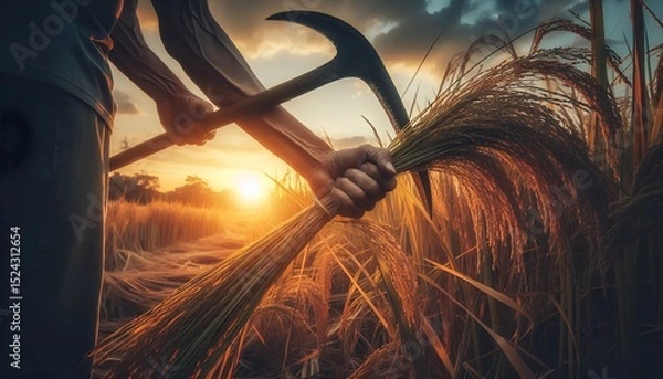 Fototapeta A farmer’s hand gripping a sickle while harvesting tall grass in a rice paddy during sunset.