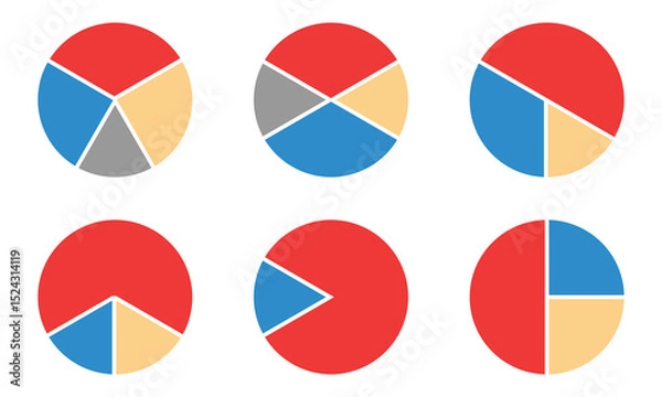 Obraz Pie chart infographic set. Circle diagram collection with sections or parts. Segmented circle icons for infographic, data analysis, web design, ui or presentation. pie chart icon.