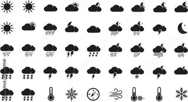 Obraz Weather Icons Set: Sun Cloud Rain Snow Wind Temperature Lightning Nigh