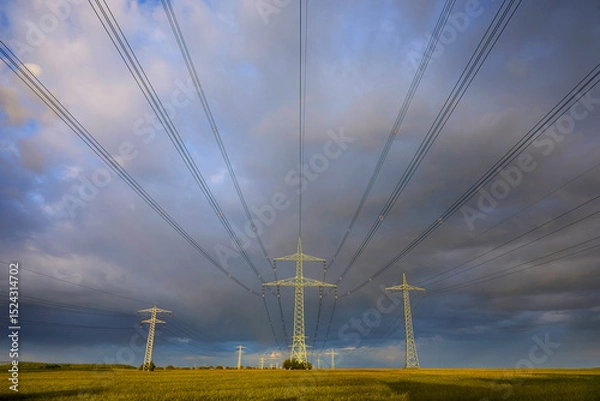 Fototapeta High-voltage power line in high-contrast evening light.