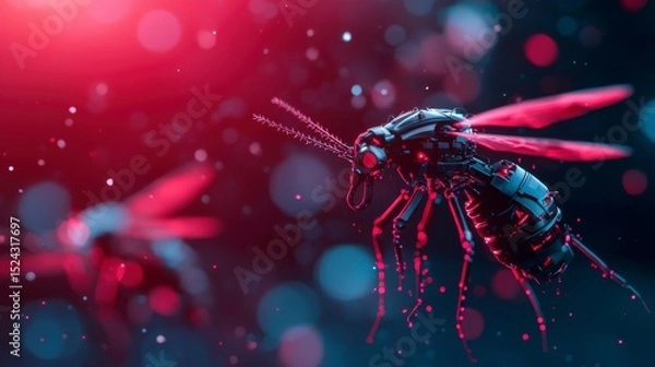 Obraz mosquitoes interacting Futuristic mosquito with robotic features against a colorful bokeh background.