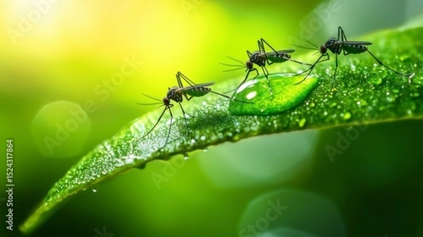 Obraz mosquitoes interacting Three mosquitoes on a dewy green leaf with a blurred background.