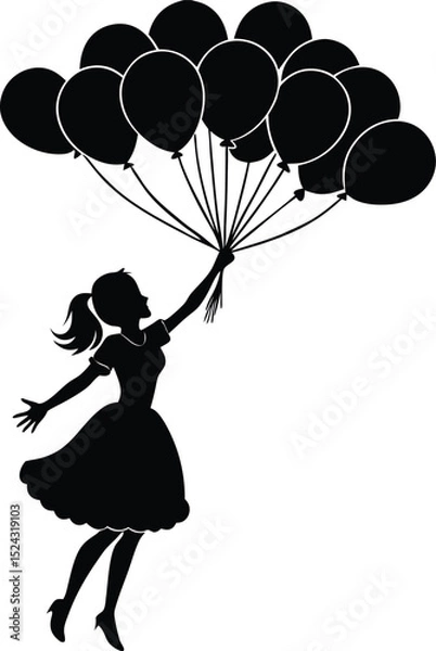 Obraz Silhouette of a Girl Floating with Balloons Vector Illustration