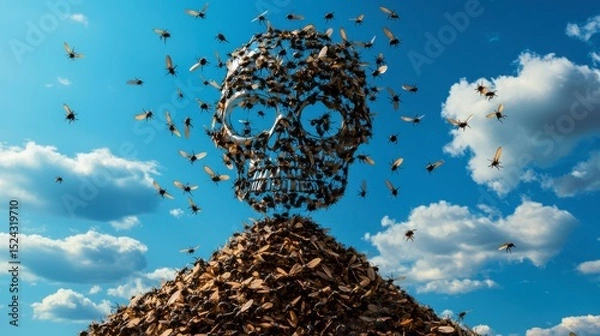 Obraz Flies with Garbage A massive skull made of debris is surrounded by flying insects under a bright blue sky.