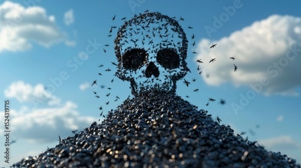 Obraz Flies with Garbage A skull formed from a swarm of insects under a blue sky with clouds.