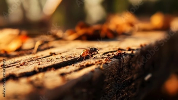 Obraz Flies with Garbage A close-up of an insect on a wooden surface with blurred autumn leaves in the background.