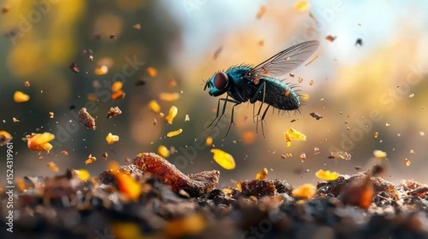 Obraz Flies with Garbage A fly hovers above scattered leaves and soil in a vibrant, autumnal setting.