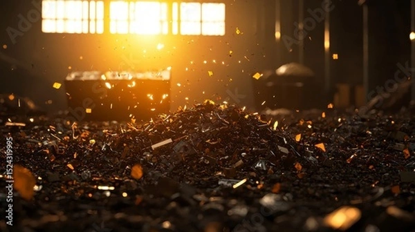 Obraz Flies with Garbage A glowing pile of metal scraps illuminated by sunlight in an industrial setting.