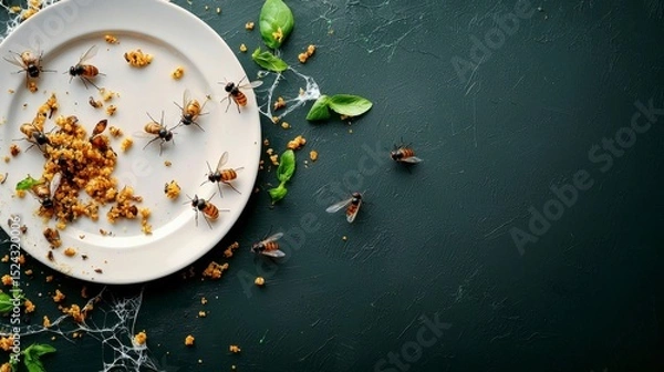 Obraz Flies with Garbage A plate with remnants of food surrounded by ants and natural elements on a dark surface.