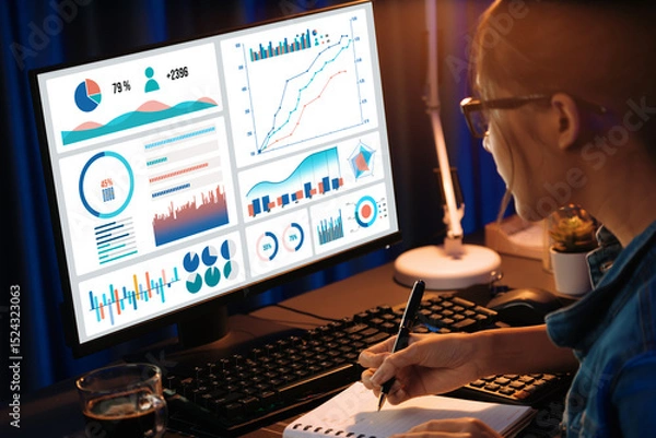 Obraz Young beautiful Asian businesswoman analyzing with pointing business graph of dynamic analysis report chart on pc screen while drinking coffee at back side at neon office at night time. Stratagem.