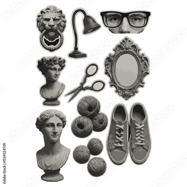 Obraz vintage halftone collage of classical objects – black and white aesthetic art