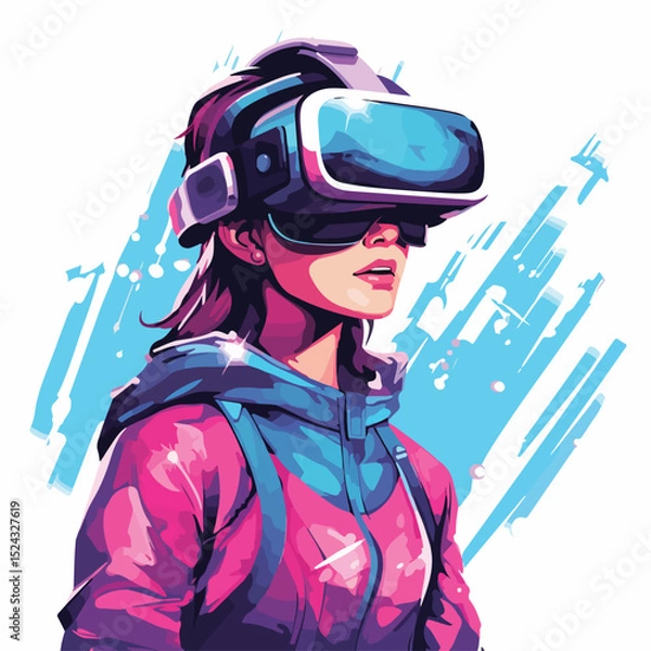 Fototapeta Professional vector illustration of a girl wearing virtual reality goggles for technology concepts