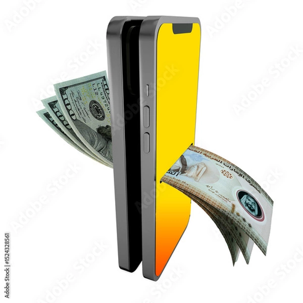 Obraz US dollar and United Arab Emirates Dirham notes exchanging through mobile phone,Online money transfer, electronic payment systems, Mobile banking. currency exchange concept over transparent background