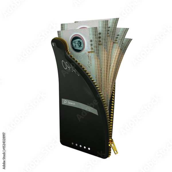 Obraz Online mobile money wallet concept. 3D rendering of United Arab Emirates Dirham notes inside smart phone isolated on transparent background. money coming out of purse