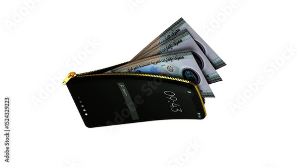 Obraz Online mobile money wallet concept. 3D rendering of United Arab Emirates Dirham notes inside smart phone isolated on transparent background. money coming out of purse