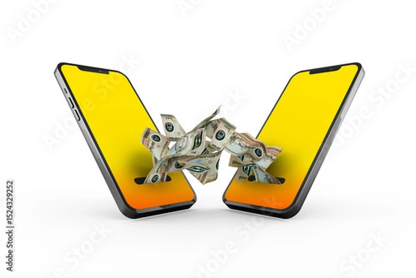 Obraz Transferring United Arab Emirates Dirham  notes from one phone to another.  mobile money transaction concept. money coming out of mobile phone with yellow screen isolated on transparent background