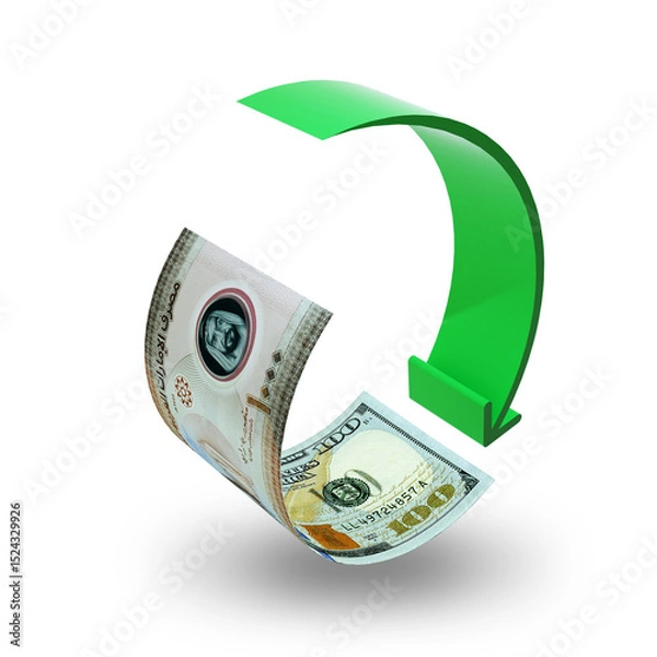Obraz 1000 United Arab Emirate Dirham US dollar exchage rate concept,currencies covertion rate icon,symbol, sign,bending paper currency note with a round green arrow,3D rendering over transparent background
