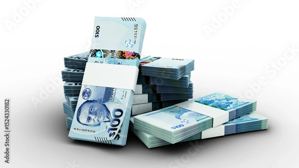 Fototapeta 3d rendering of Stack of 100 Belize dollars notes. Few bundles of Belize currency isolated on transparent background	
