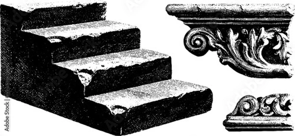 Fototapeta Engraved stair tread fragments with ornamental details for architectural design