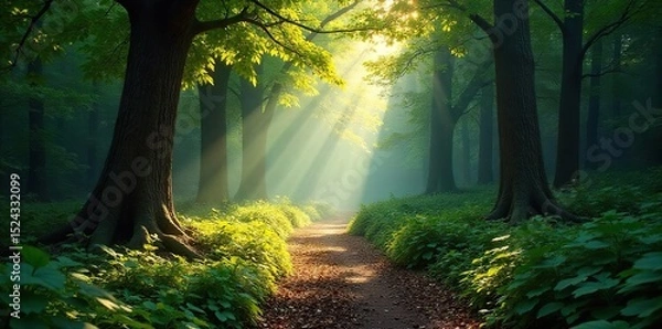 Obraz A tranquil, sun-dappled path winds through a dense, ancient forest, sunlight filtering through the leaves The air is still and peaceful, promising solitude and adventure , adventure, deep, old