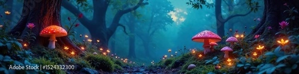 Obraz A mystical witch's garden overflowing with vibrant herbs, unusual flowers, and glowing toadstools under a twilight sky Perfect for fantasy, Halloween, or magical themes , moon, vintage