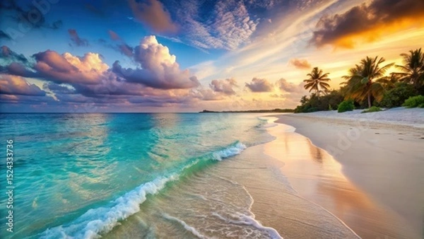 Fototapeta Serene beach scene with gentle waves rolling onto white sandy shore at sunset on a tropical island in crystal-clear turquoise sea