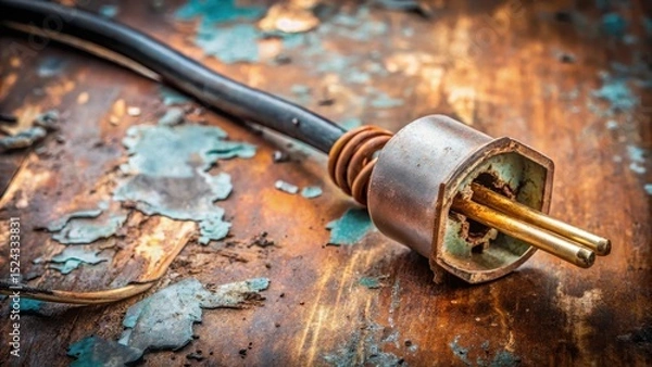 Fototapeta A broken wire on a worn-out electric plug lies exposed with exposed copper wiring, rusty, electric plug
