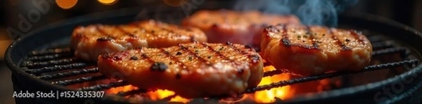 Obraz A sizzling barbecue grill, flames licking the meat, perfectly cooked food ready to be served Enjoy the delicious aromas and the satisfying crackle of the grill , grilling tools, juicy