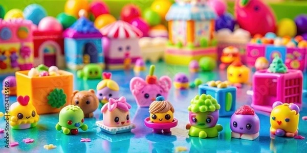 Fototapeta Shopkins on a colorful background with various small toys and objects scattered around them, whimsical scene, miniature world