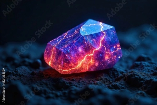 Obraz Intricate, glowing lightning stone rests on dark, rough surface Veins of light pulse within the crystal, suggesting powerful energy Mystical, magical, otherworldly feel , close-up, mineral