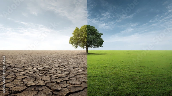 Obraz Contrast of a tree between drought and green land, symbolizing environmental change