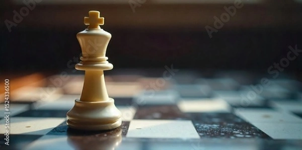 Obraz A chess piece, a white pawn, makes its move across the checkered board, initiating a strategic game , concentration, victory, thoughtful