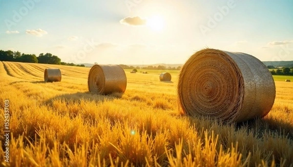 Obraz Sun-drenched hay bales, gently swaying in a summer breeze, create a serene and peaceful pastoral scene Perfect for relaxation and countryside themes , golden hour, sky, natural