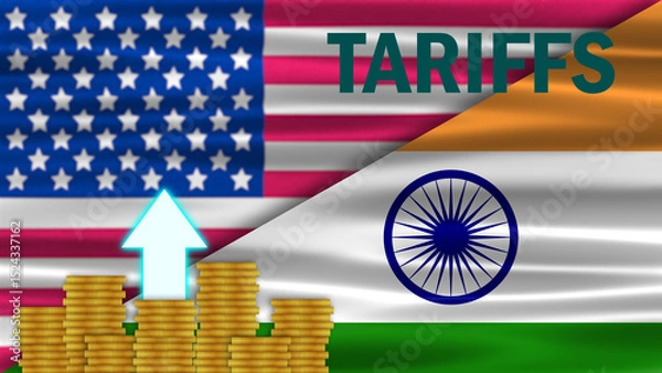 Fototapeta waving indian flag on usa flag with tariffs word and coins stack. new usa import export trade policy by government.