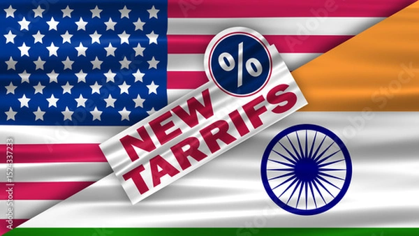 Fototapeta new tariffs on India by the us government concept with waving usa and indian national flag background. import export rules and regulations by government concept.