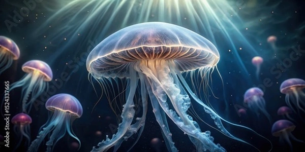 Fototapeta Ethereal jellyfish floats in dark water with translucent bodies and long tentacles, oceanic ecosystem, mysterious marine animals