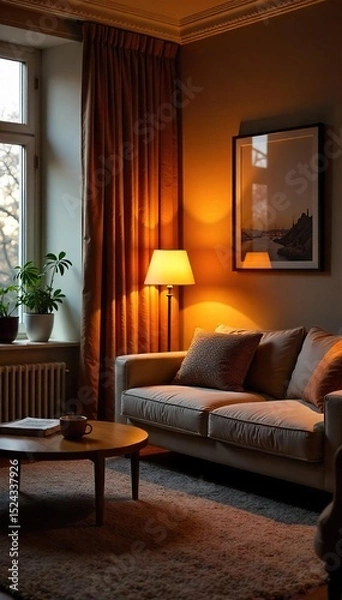 Obraz Warm, inviting living room illuminated by soft, ambient lighting from floor lamps and table lamps Cozy atmosphere perfect for relaxation Ideal for home decor websites , home, cozy