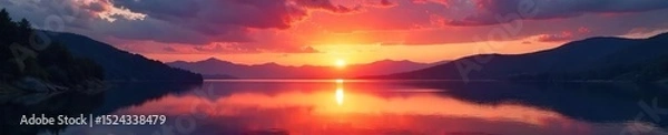 Obraz Serene sunset over a tranquil lake, reflecting the fiery colors of the twilight sky The stillness of nature is beautifully captured in this late landscape scene , meadow, beauty, reflection