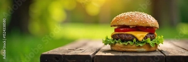 Obraz A juicy cheeseburger sits on a rustic wooden picnic table outdoors, sunlight illuminating the fresh ingredients Enjoy the simple pleasure of a delicious burger in nature , bbq, sunlight, eat