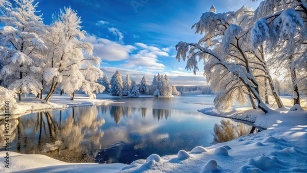 Fototapeta Frozen lake and snow-covered trees after a heavy snowfall in winter landscape