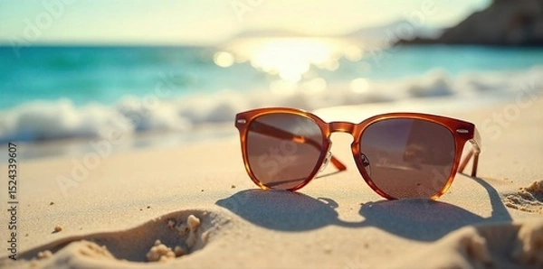 Obraz Relaxing beach scene with stylish sunglasses left on the sand, sun reflecting off the lenses Perfect for summer travel, vacation, and holiday themes , waves, sun