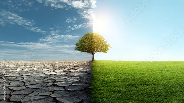 Obraz Contrast of a tree between drought and green land, symbolizing environmental change