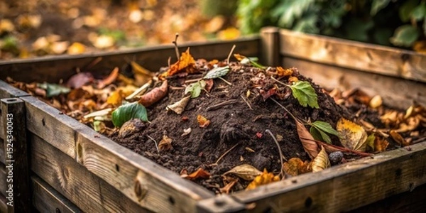 Fototapeta Dark brown soil and decaying leaves in a backyard composter, natural cycle
