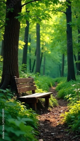 Obraz Serene woodland scene featuring a rustic wooden bench nestled amongst lush greenery, bathed in dappled sunlight Perfect for relaxation and nature imagery , woodland, summer