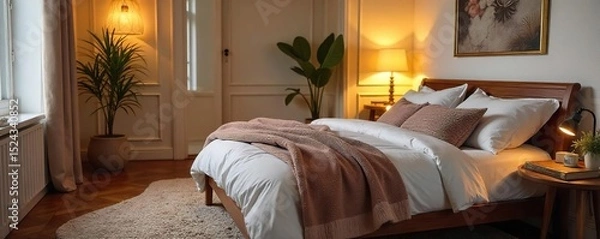 Obraz Cozy and inviting bedroom, soft lighting, plush bedding, perfect for relaxation and peaceful sleep , furniture, comfortable, darkness