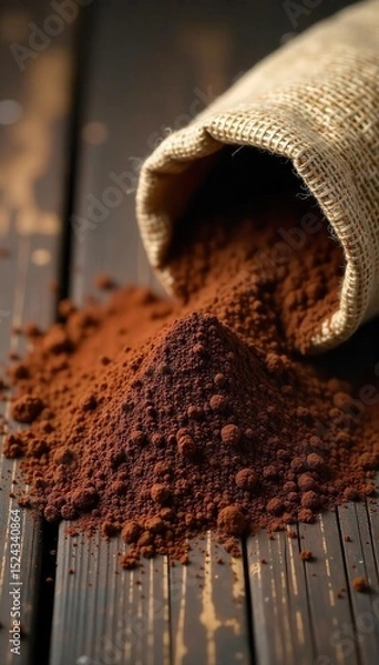 Obraz A rich, dark cocoa powder spills from a burlap sack onto a rustic wooden surface, creating a delicious, textural image ideal for food blogs and packaging , cocoa beans, healthy