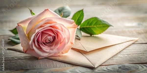 Fototapeta A delicate rose with a sealed envelope on its petals, creating a sense of mystery and intrigue, botanical still life, natural beauty