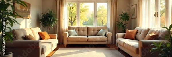 Obraz A cozy and bright elderly care home living room, featuring comfortable furniture and natural light Warm, inviting atmosphere perfect for relaxation and socialization , sofas, well-being