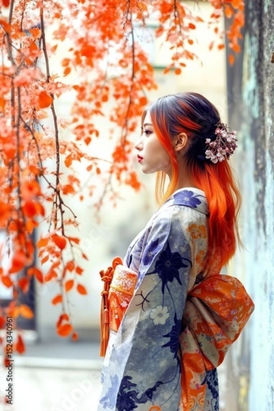 Fototapeta A woman in a kimono standing in front of a tree with orange leaves