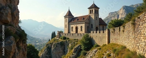 Obraz Ancient church nestled within a medieval city's protective walls, offering a serene view of aged stone and timeless architecture The scene evokes history, faith, and resilience , monument, ancient